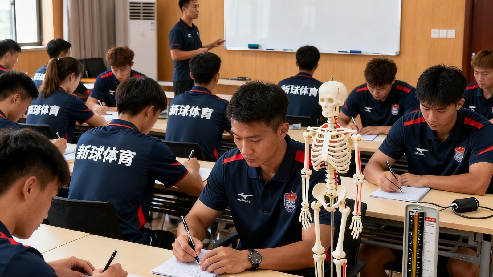 二十余位身穿新球体育制服的指导员在室内培训教室进行集体学习，前方白板上写着运动处方制定要点，指导员们认真记录笔记，桌面上摆放着人体骨骼模型和血压测量仪