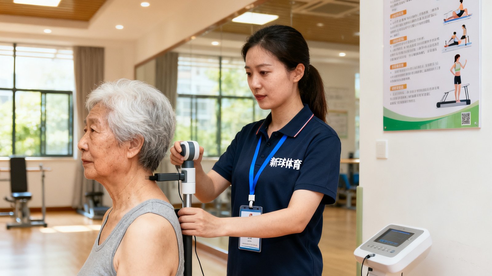 室内明亮的活动中心里，一位佩戴新球体育工牌的女性社会体育指导员正在使用体态评估仪器为一位头发花白的老年居民检测脊柱曲度，旁边墙上贴着科学健身知识海报