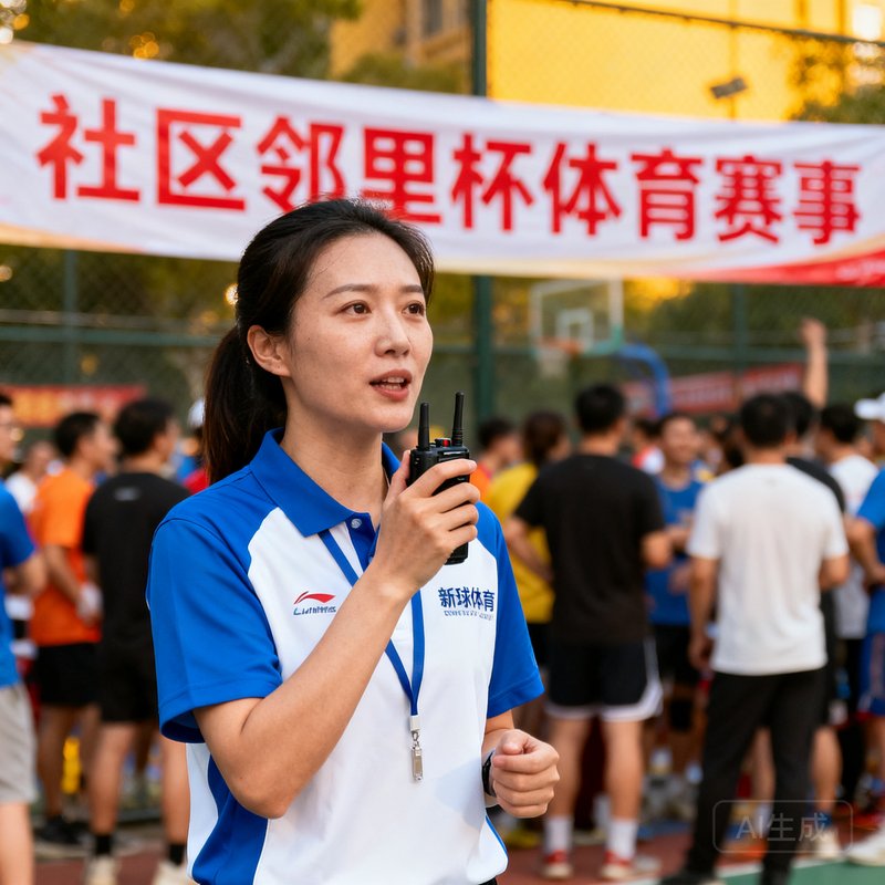 运营总监林薇身穿新球体育工作服，在社区邻里赛事现场手持对讲机协调各环节，背景是热闹的比赛场面和悬挂的横幅
