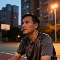 一位三十多岁的男性居民穿着速干运动T恤在社区篮球场边休息，额头有汗珠，身后是傍晚的社区高楼和暖色路灯灯光
